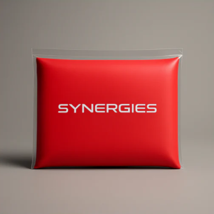 Red cushion with 'SYNERGIES' branding on a gray background