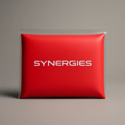 Red cushion with 'SYNERGIES' branding on a gray background