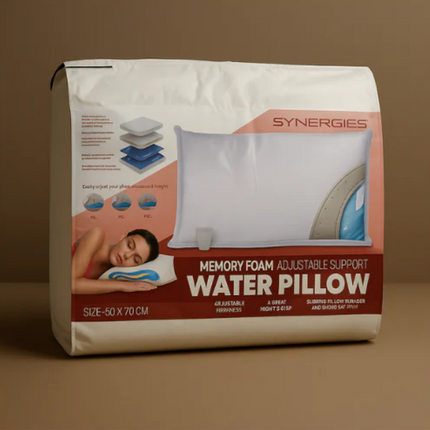 Packaged water pillow with Synergies branding on a brown background