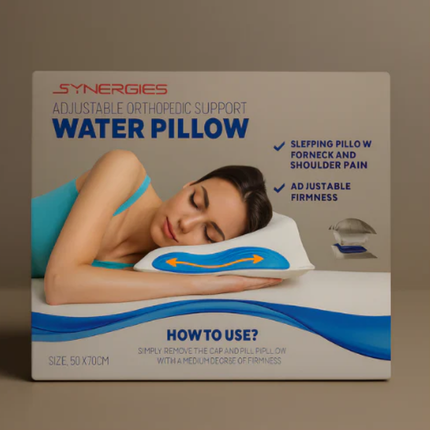 Synergies adjustable orthopedic support water pillow packaging with a woman using the pillow.