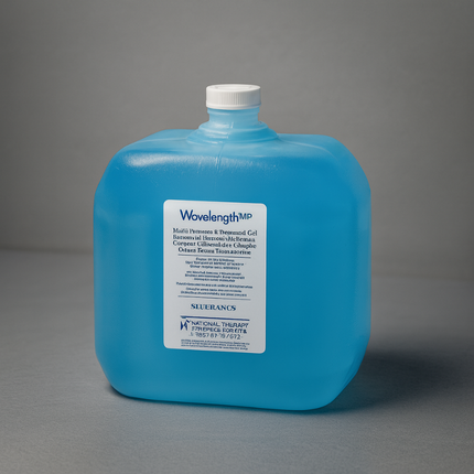 Blue container with a label on a gray background